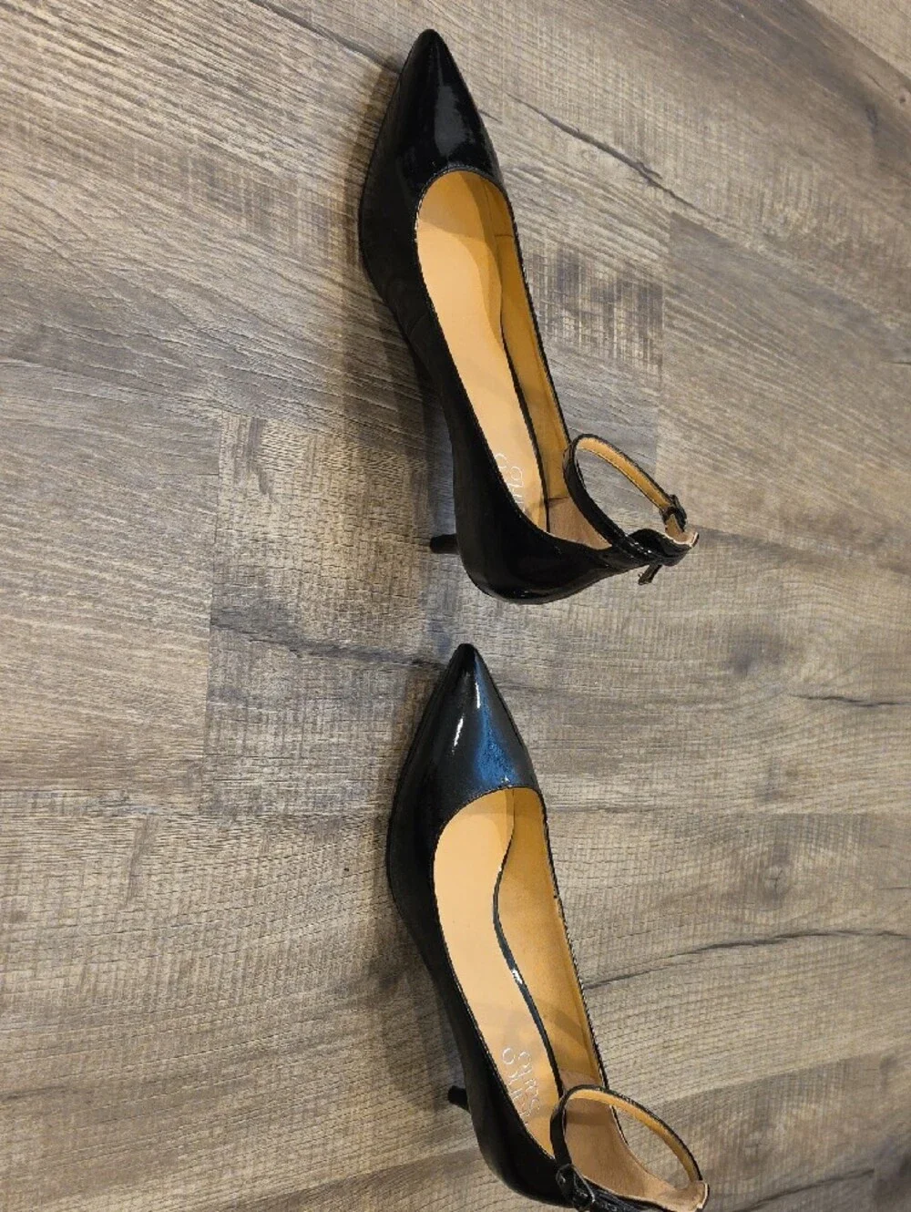 Franco Sarto Black Patent Pointed-Toe Ankle-Strap Kitten Heels - Picture 3 of 7